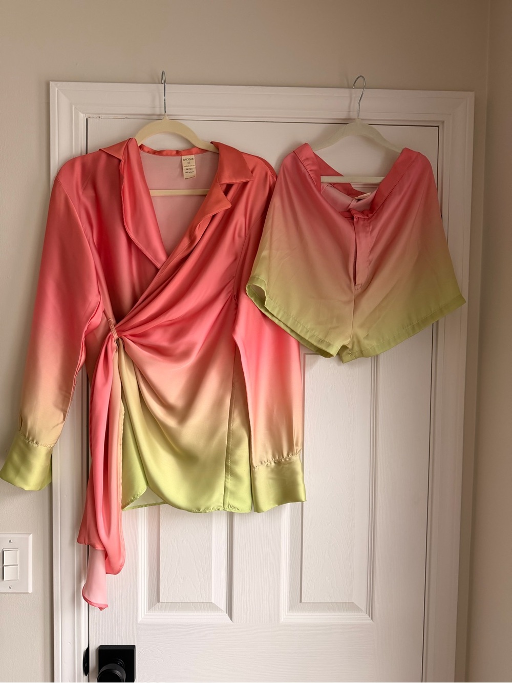 Baobab Ombre Satin Wrap Top & Matching Shorts Set Pink Lime Green XS